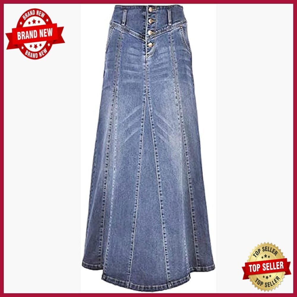 High Rise Distressed Denim Maxi Skirt A-Line Swing Fit